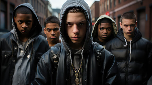 A street gang of teenage homeless boys. Destructive behavior among youth, gangs, juvenile delinquency and robbery.