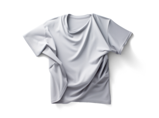 white wrinkled T-shirt, png file of isolated cutout object with shadow on transparent background.