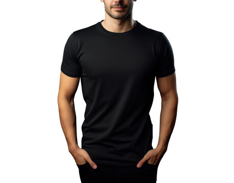 black t-shirt mockup on a man, png file of isolated cutout object with shadow on transparent background.