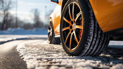 Cropped image of brandless car. Winter tire on the asphalt road in the snow. New winter tire for cars, auto goods and accessories. 