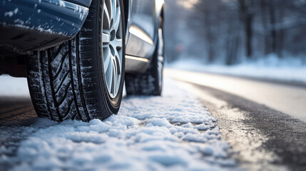 Cropped image of brandless car. Winter tire on the asphalt road in the snow. New winter tire for cars, auto goods and accessories. 