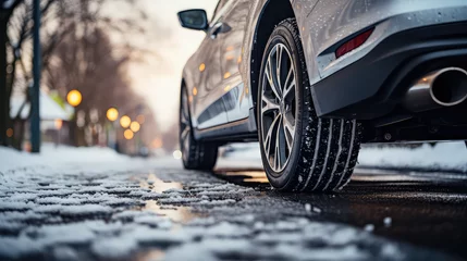 Poster Cropped image of brandless car. Winter tire on the asphalt road in the snow. New winter tire for cars, auto goods and accessories.  © dinastya