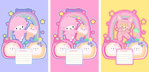 Set cute notebook cover for kids with hand drawing kawaii cartoon elements animals characters children on soft pink purple yellow background with background inspiration kid education 