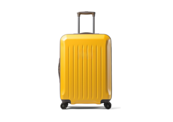 big yellow travel suitcase, png file of isolated cutout object with shadow on transparent background.