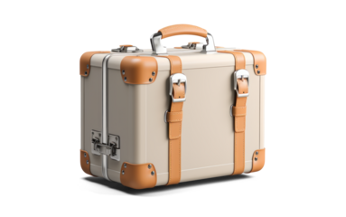 beige leather cosmetic bag or travel suitcase, png file of isolated cutout object with shadow on transparent background.