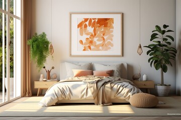 Mockup of a frame in a stylish bedroom, with a poster. Bedroom has a boho vibe. Rendered in 3D. Generative AI