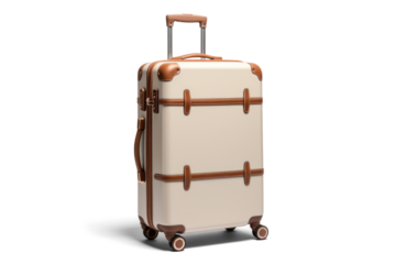 big beige leather travel suitcase, png file of isolated cutout object with shadow on transparent background.