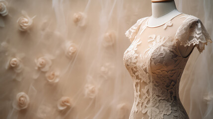 Elegant feminine lace white dress on mannequin. Atelier sewing designer vintage wedding and cocktail dresses. 