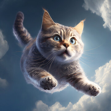 Cat flying blue sky background image Ai generated art