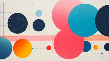 Abstract Risograph Aesthetic Featuring Playful Circles and Precise Straight Lines - Retro-Inspired Geometric Art in Print