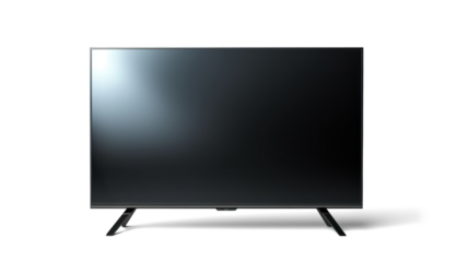 large modern black TV, png file of isolated cutout object with shadow on transparent background.