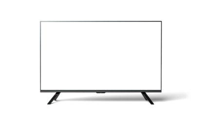 mockup of a large modern black TV, png file of isolated cutout object with shadow on transparent background.