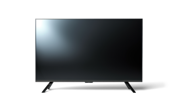 large modern black TV, png file of isolated cutout object with shadow on transparent background.