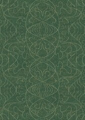Hand-drawn unique abstract seamless ornament. Light green on a darker warm green background, with splatters of golden glitter. Paper texture. Digital artwork, A4. (pattern: p02-1d)