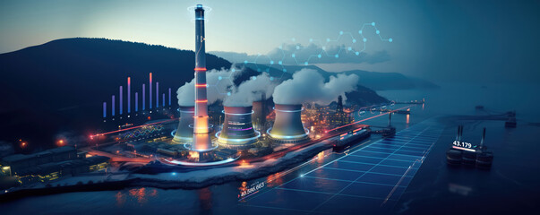 atomic nuclear reactor or power plant refinery industrial factory with cooling towers and smoke chimney as wide banner background with information data - obrazy, fototapety, plakaty