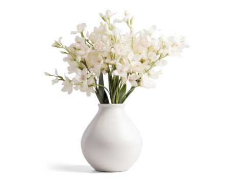 vase with beautiful white flowers, png file of isolated cutout object with shadow on transparent background.