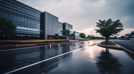 Gray building and asphalt road. early morning or dawn scene of the street where the rain stopped. generative AI