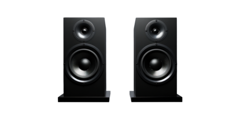 two black powerful speakers, png file of isolated cutout object with shadow on transparent background.