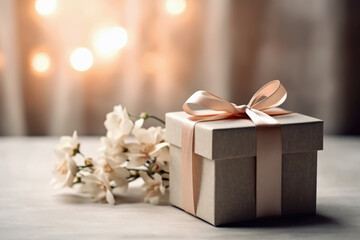 paquete envuelto para regalo decorado con lazo y rosa junto a flores blancas, sobre soporte blanco y fondo desenfocado