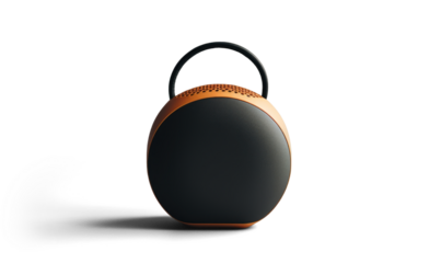 black wireless portable speaker, png file of isolated cutout object with shadow on transparent background.