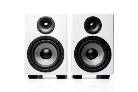 white powerful speakers, png file of isolated cutout object with shadow on transparent background. - Powered by Adobe