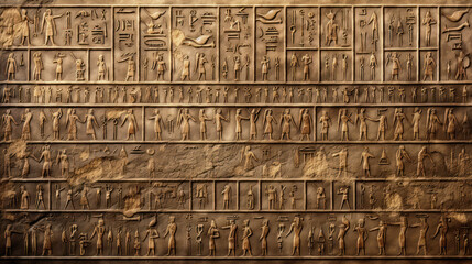 Old stone wall with Egyptian hieroglyphs, Ancient hieroglyphic writing, fiction view - obrazy, fototapety, plakaty
