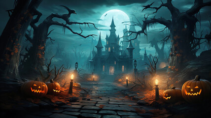 Old Gothic haunted house or castle, scary pumpkins on Halloween night - obrazy, fototapety, plakaty