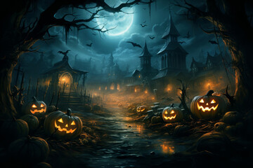 Fototapeta na wymiar Old haunted town with lights and scary pumpkins on Halloween night