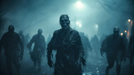 Scary undead walking on street in rain at night, zombie apocalypse theme