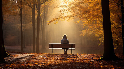 person sitting on a bench in an autumn forest. - obrazy, fototapety, plakaty