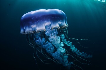 Blue glowing jellyfish in the ocean. Generative AI