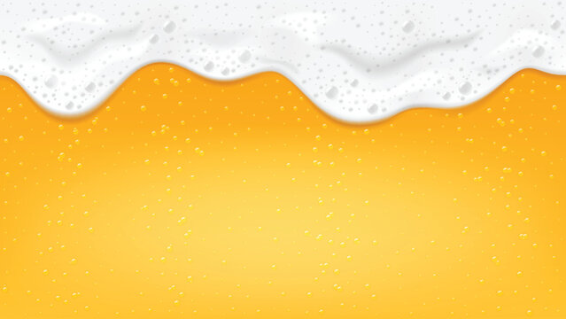Seamless vector background of realistic light lager beer with flowing foam and bubbles.