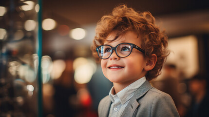 Smiling boy choosing glasses in optics store, Portrait of kid wearing glasses at optical store.