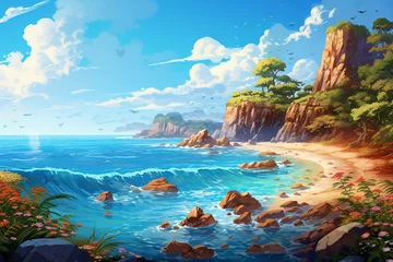 Tuinposter Panoramic coastal scenery with a magical touch, ideal for children's books. Generative AI © Lorcan
