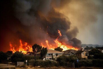 Wildfire engulfing Salinas, Monterey County, caused by dry lightning, emitting dense smoke and fierce flames, dangerously close to neighboring houses. Generative AI