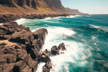 Fototapeta na wymiar Breathtaking aerial time-lapse of rocky cliffs with crashing ocean waves in sunny Gran Canaria. Generative AI