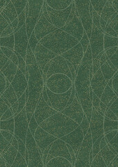 Hand-drawn unique abstract seamless ornament. Light green on a darker warm green background, with splatters of golden glitter. Paper texture. Digital artwork, A4. (pattern: p10-1d)