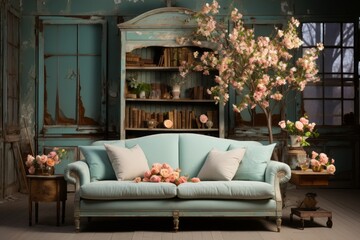  Shabby Chic living room with distressed pastel furniture and vintage decor