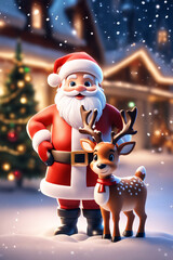 Santa Claus and reindeer with christmas gifts. cartoon style