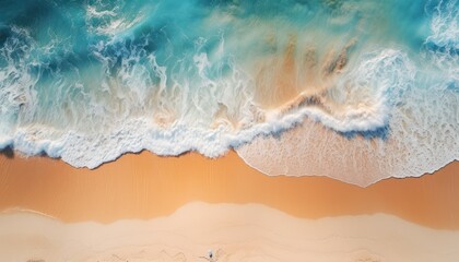 Aerial view of beautiful sandy beach with turquoise sea waves. Generative AI
