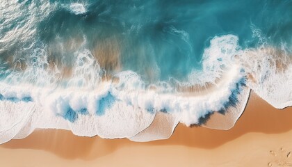 Fototapeta na wymiar Aerial view of beautiful sandy beach with turquoise sea waves. Generative AI
