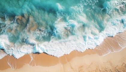 Fototapeta na wymiar Aerial view of beautiful sandy beach with turquoise sea waves. Generative AI