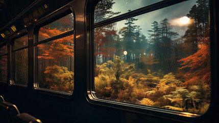 view of the autumn forest from the train window 