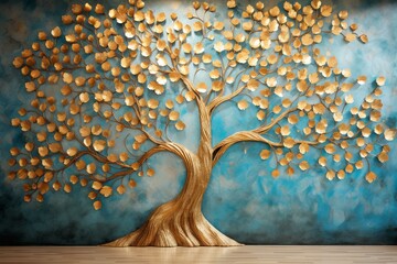 Wallpaper with a vibrant 3D mural of a tree featuring turquoise, blue, and brown leaves against a drawn background with golden objects. Generative AI - obrazy, fototapety, plakaty