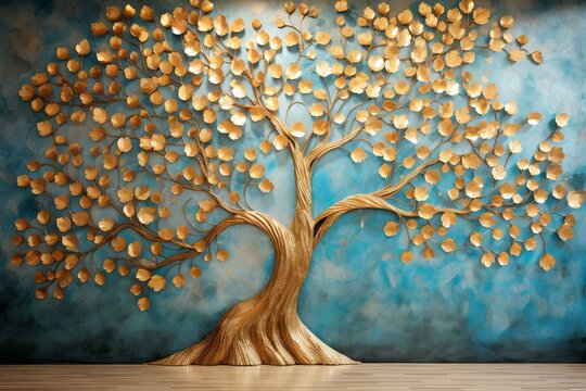 Wallpaper with a vibrant 3D mural of a tree featuring turquoise, blue, and brown leaves against a drawn background with golden objects. Generative AI