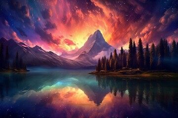 Mesmerizing natural phenomena, colorful skies above majestic mountains and a serene lake. Generative AI - obrazy, fototapety, plakaty