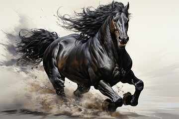Black horse is running against a white background. Beautiful illustration picture