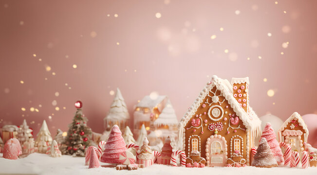 Creative delicious gingerbread house made of variety of sweets and candies. Festive Xmas and New Year holiday season decorating idea, trendy candy land banner design on pastel background.
