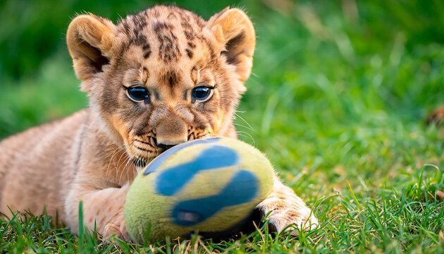 Cachorro de le&oacute;n jugando con una pelota. 
