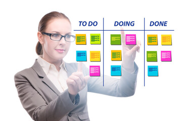 Businesswoman working on kanban board with tasks